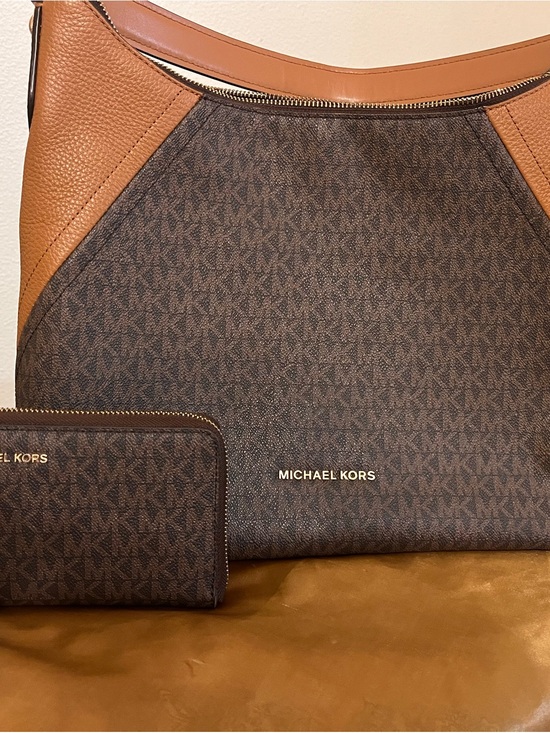 Michael Kors Handbags - Michael Kors Brown Logo Hobo Bag with Tan Leather Trim and Matching Wallet
